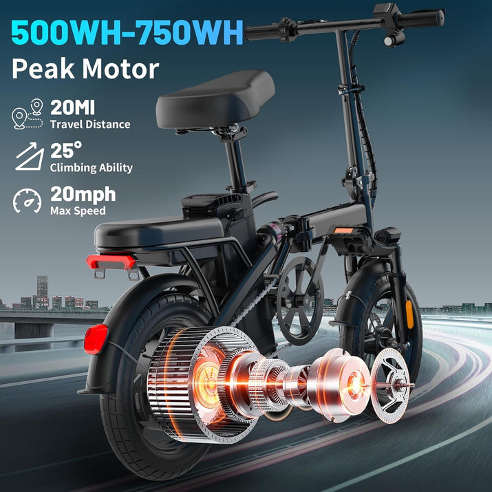 Foldable Electric Bike for Adults, 14" Folding E-Bike with 500W Peak Motor, Electric Bicycle with 48V Removable Battery UL 2849 Certified, 25 Miles PAS Range, Electric Commuter Mini Bikes